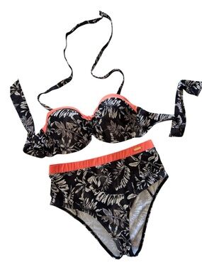 Sunseeker for Venus Bikini Set Size 8 D Cup Black Floral Coral Trim High Waisted